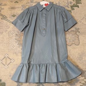 Never a Wallflower - Blue Ruffled Vegan Leather Short Sleeve Dress